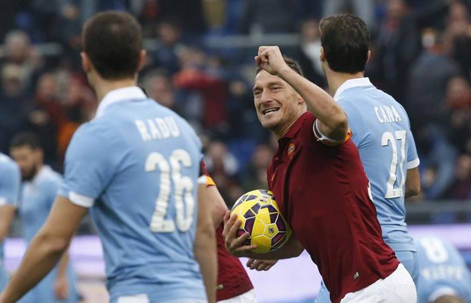 Roma-Lazio finisce 2-2 nel segno di Totti. La doppietta del capitano giallorosso nel secondo tempo è infatti valsa alla Roma il momentaneo aggancio in vetta alla Juventus in attesa della sfida col Napoli di questa sera. Action Images